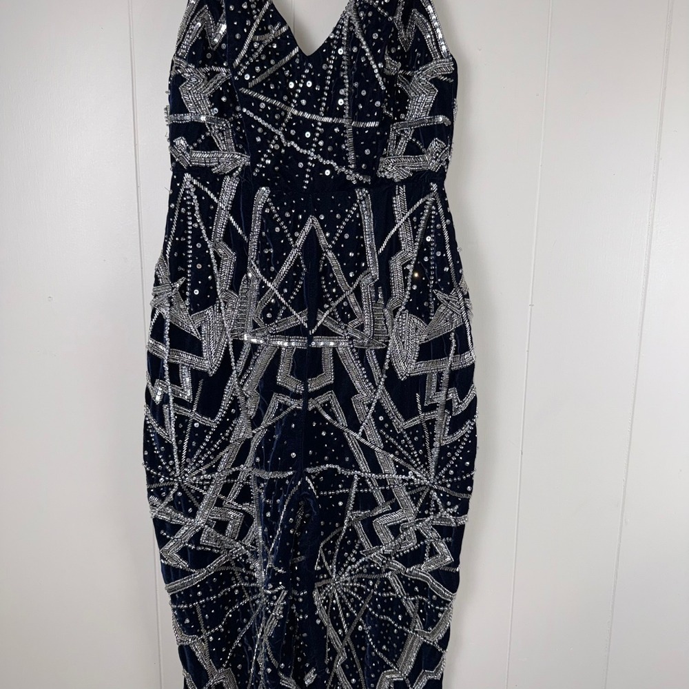 ASOS Navy Blue Velvet Sequin Geometric Print Spaghetti Strap Jumpsuit - Picture 3 of 16